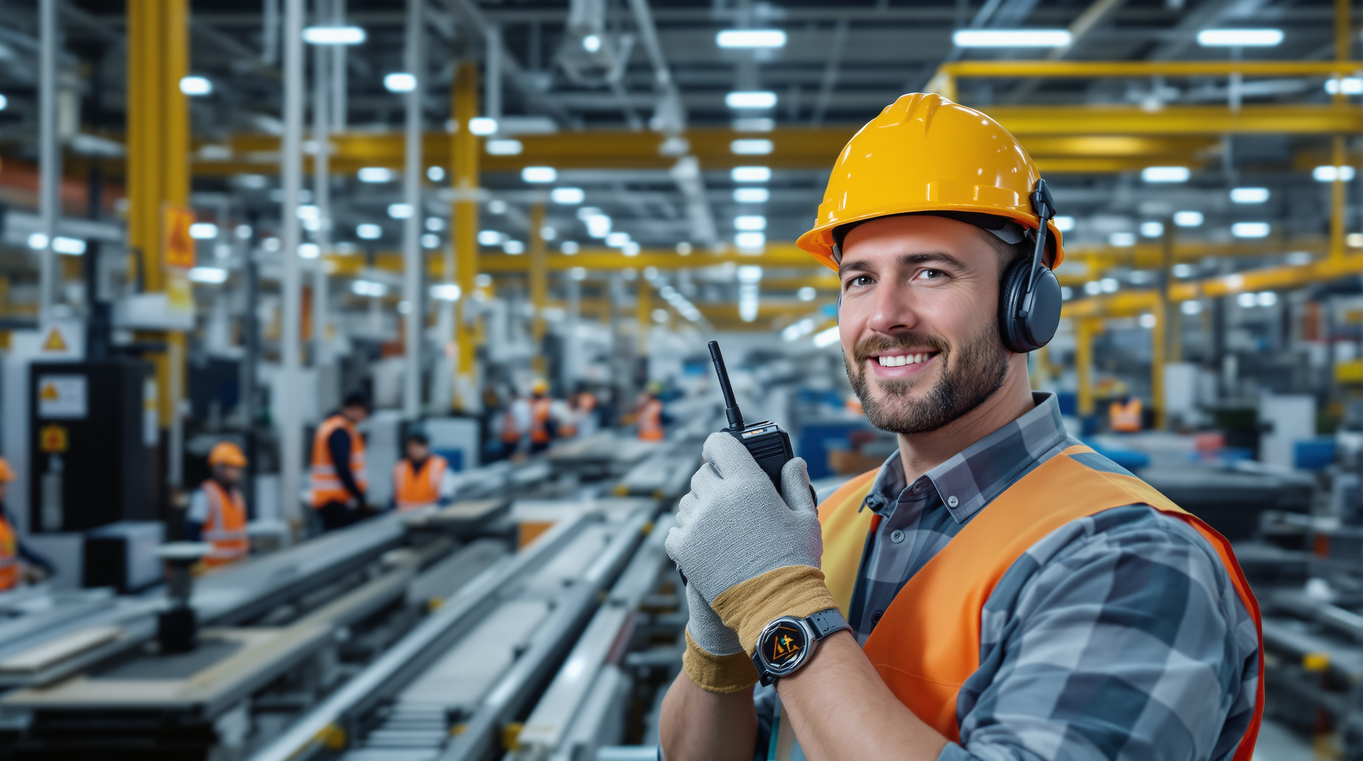 Manufacturing worker using industrial radio system