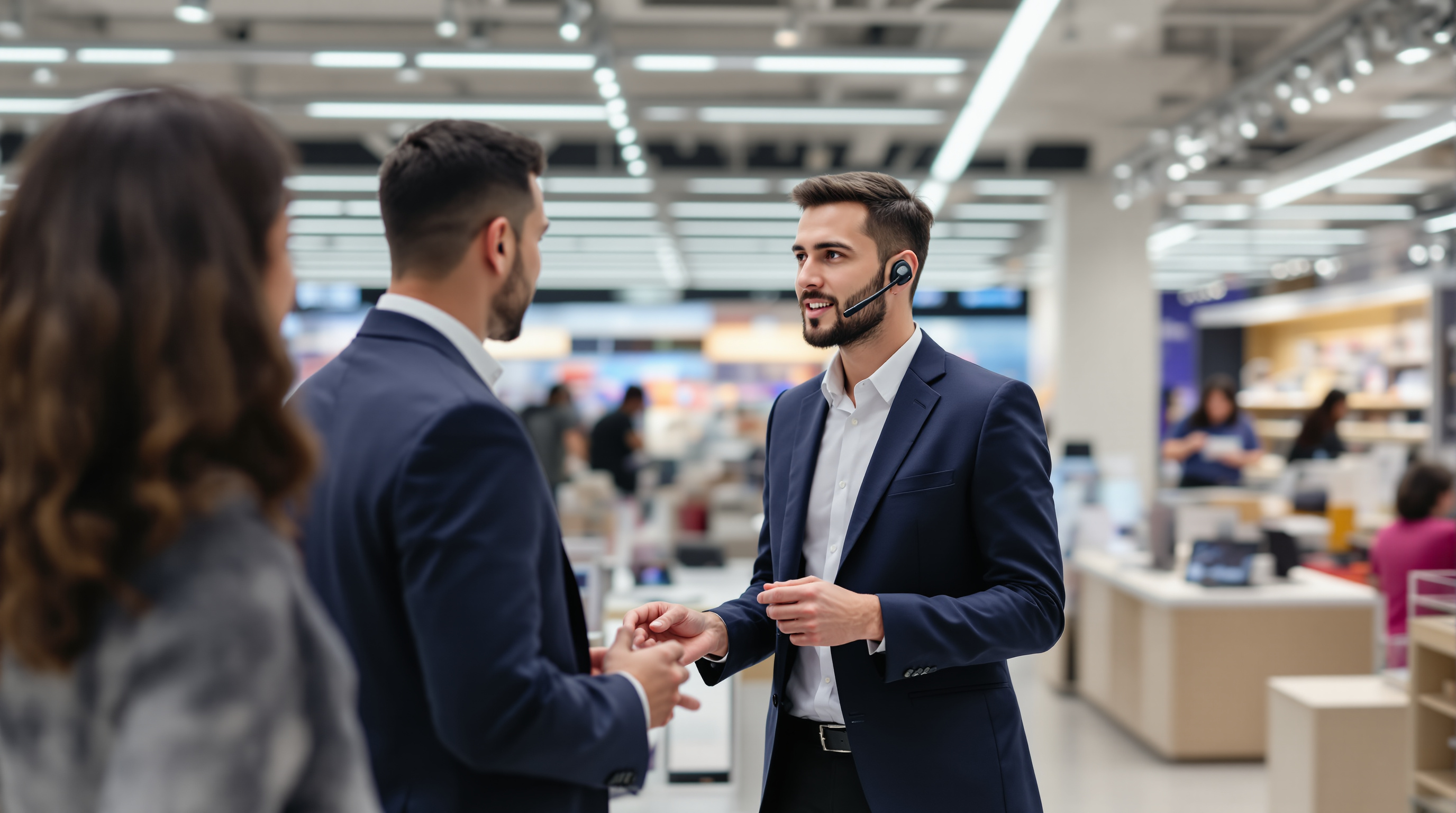 Retail staff using two-way radio for customer service